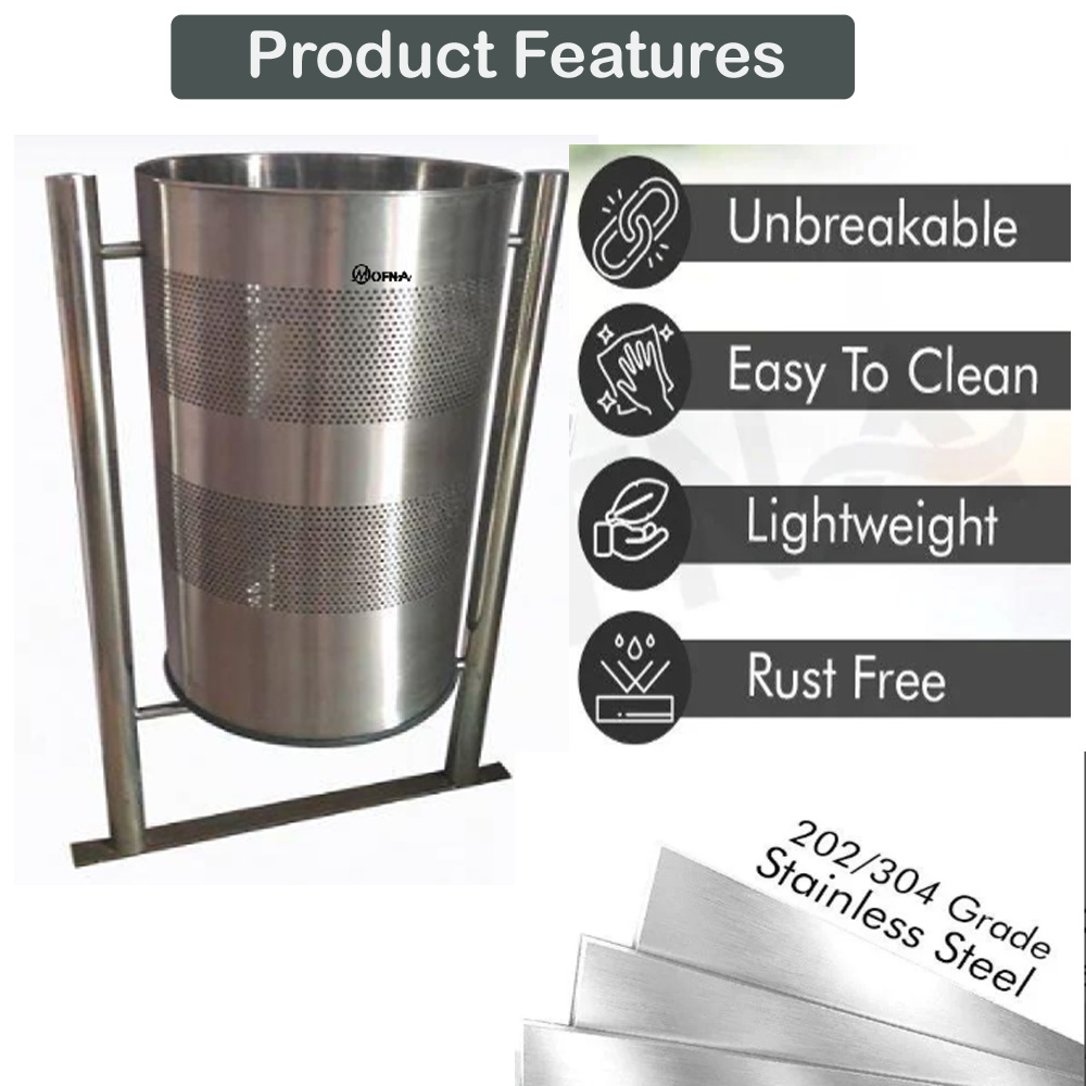 Mofna Stainless Steel  Single Perforated Pole Dustbin, 50 Liter 