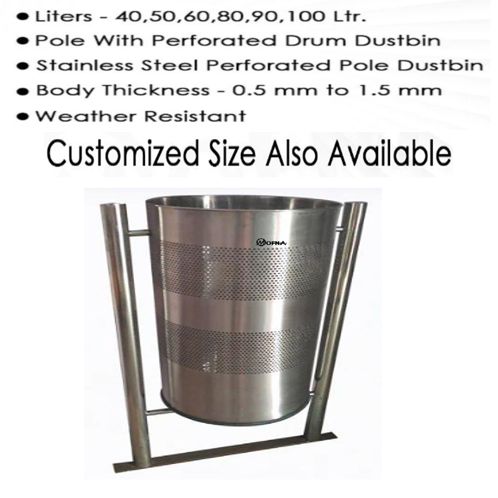 Mofna Stainless Steel  Single Perforated Pole Dustbin, 50 Liter 