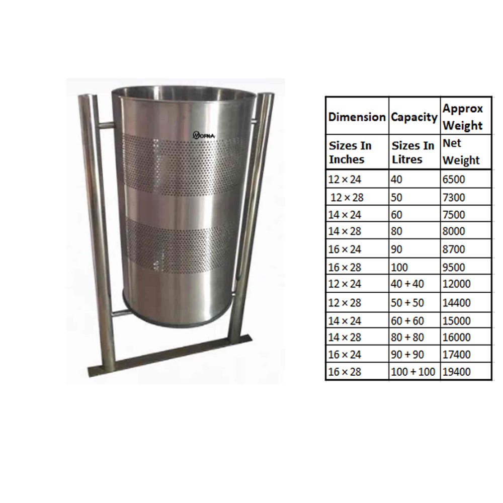Mofna Stainless Steel  Single Perforated Pole Dustbin, 50 Liter 