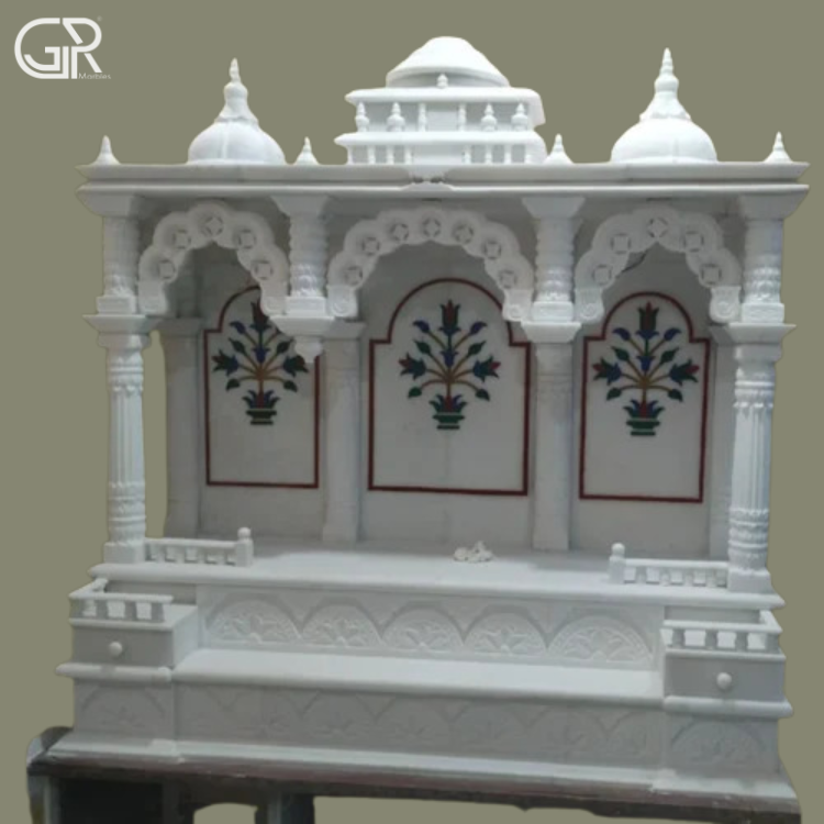 Carved inlay white marble temple, (Ht-6.5ft)