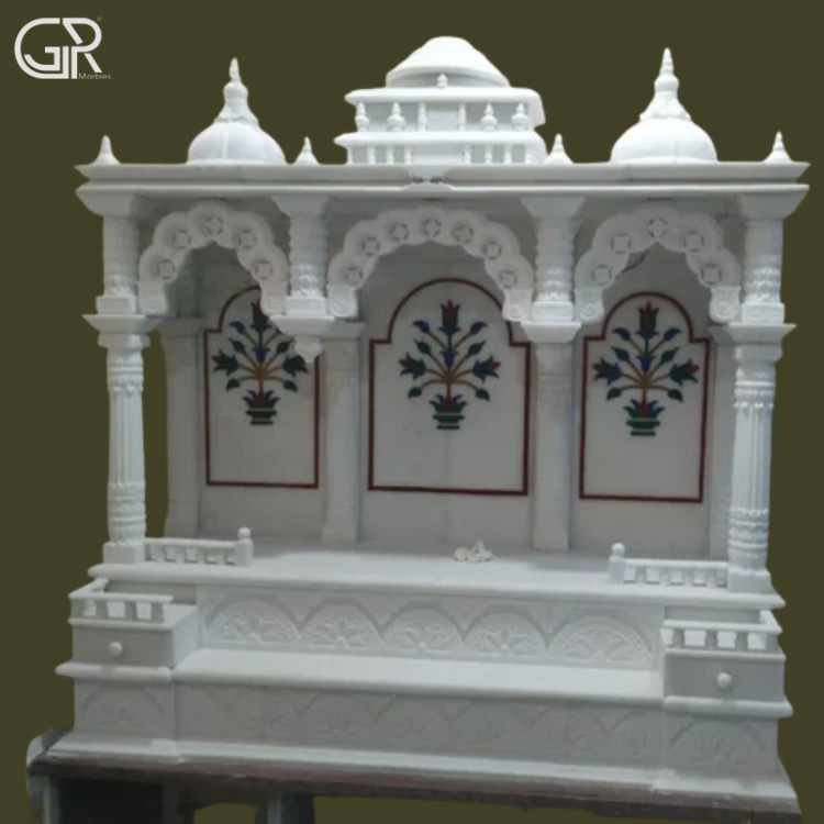 Carved inlay white marble temple, (Ht-6.5ft)