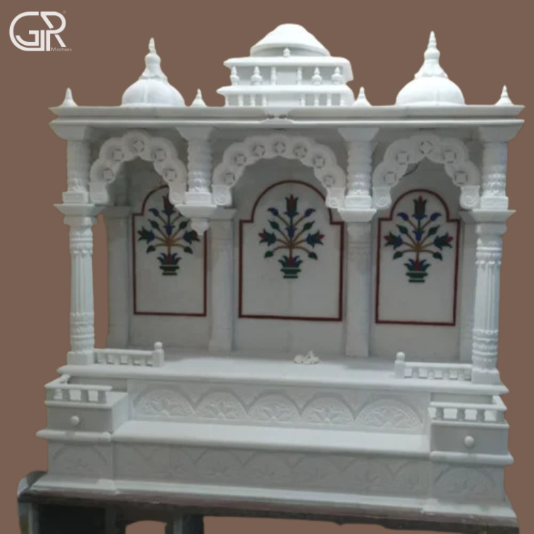 Carved inlay white marble temple, (Ht-6.5ft)