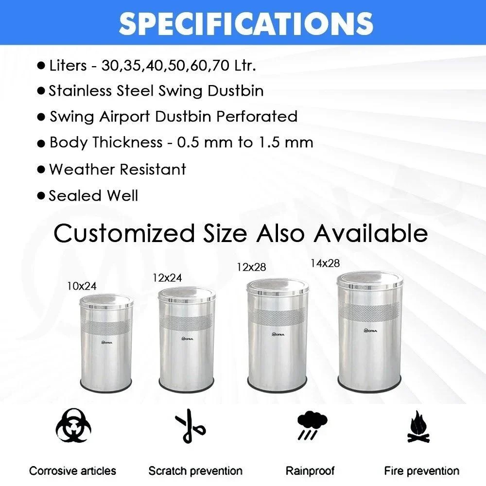 Mofna Stainless Steel Airport Dustbin, 50 Liter