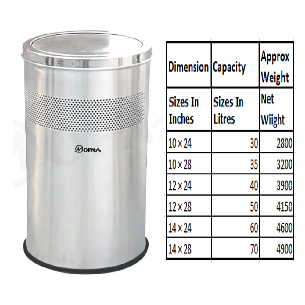 Mofna Stainless Steel Airport Dustbin, 50 Liter
