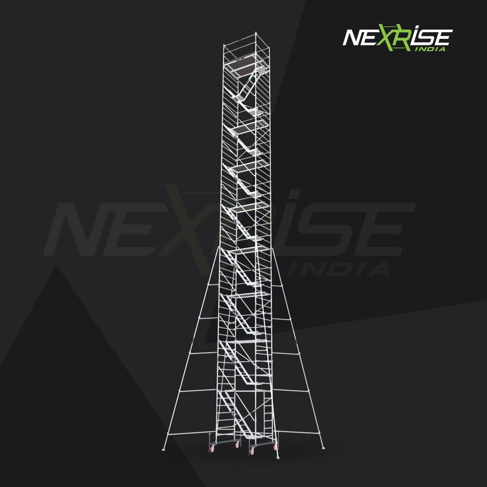18.2 Aluminium Scaffolding Stairway Version - Aluminium Alloy AA6063, 1.32x1.80m, Silver | Toe Boards, Stabilisers, Lockable Casters, Guardrail