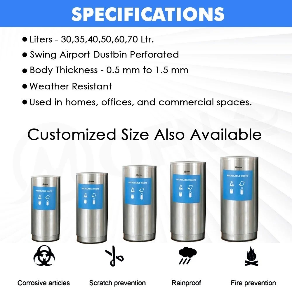 Mofna Stainless Steel Airport Dustbin 60 Liter