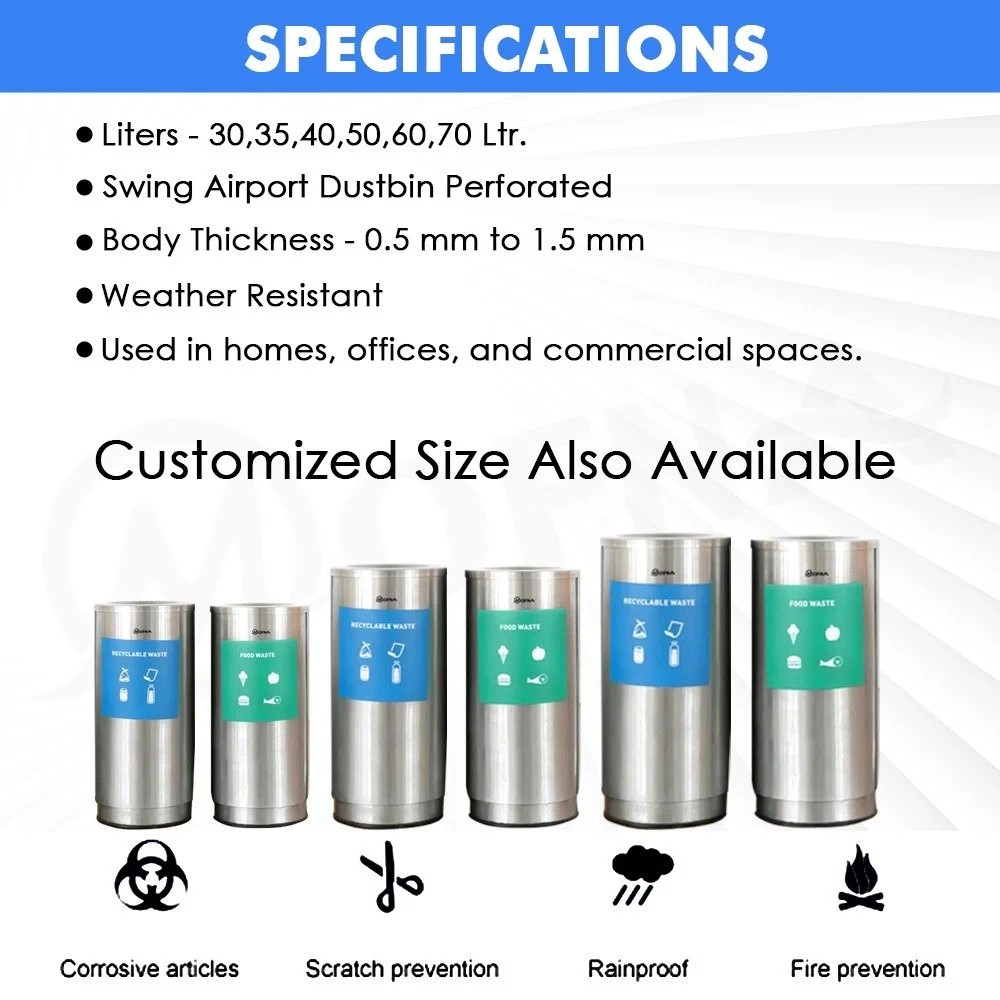 Mofna Stainless Steel Airport Dustbin With Lid 50 Liter