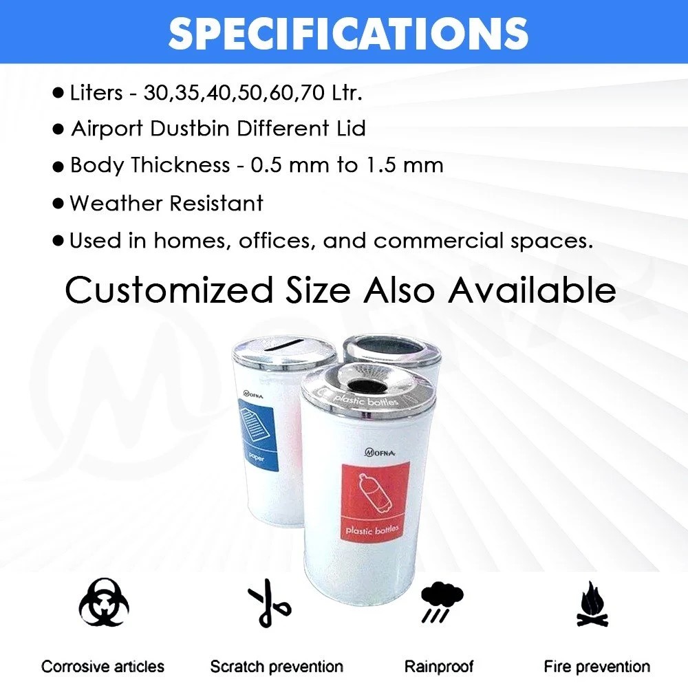 Mofna Stainless Steel Airport Dustbin 40 Liter