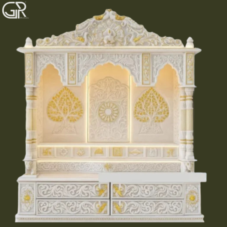 Carved White Makrana marble mandir, (Ht-5.5ft)