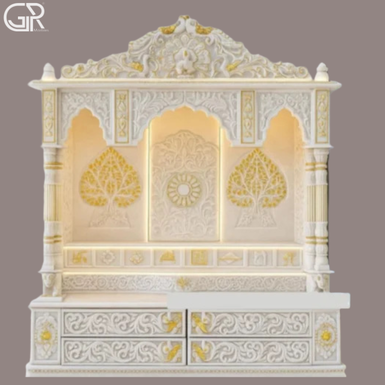 Carved White Makrana marble mandir, (Ht-5.5ft)