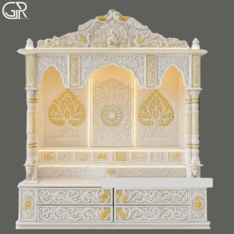 Carved White Makrana marble mandir, (Ht-5.5ft)