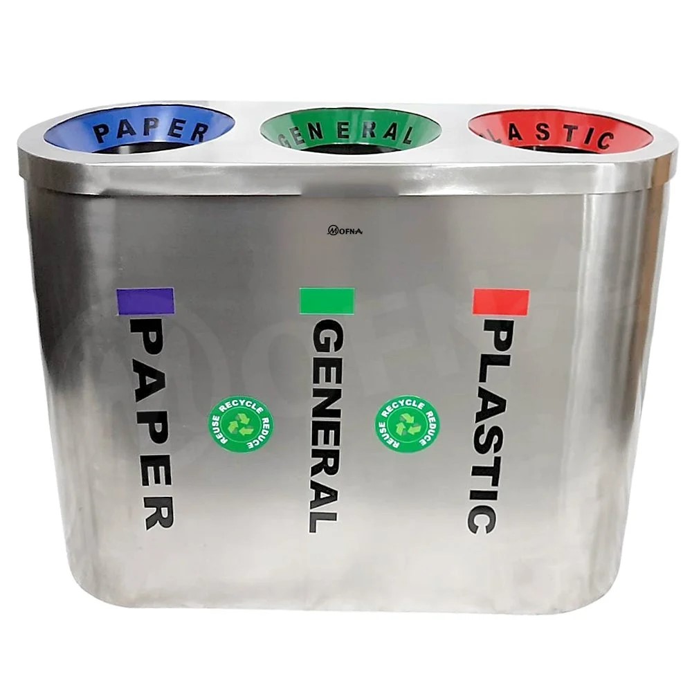Mofna Stainless Steel Trio Airport Dustbin / Recycle Bin, 180 Liter