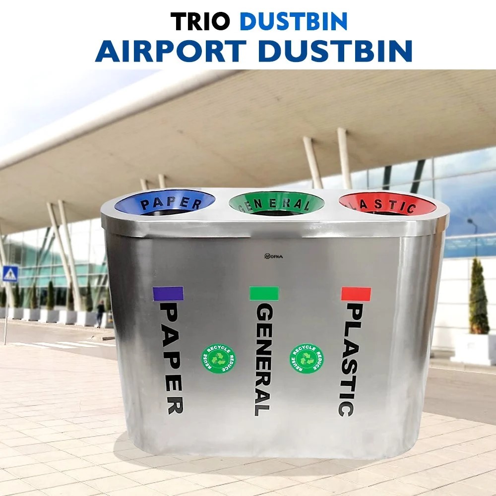 Mofna Stainless Steel Trio Airport Dustbin / Recycle Bin, 180 Liter