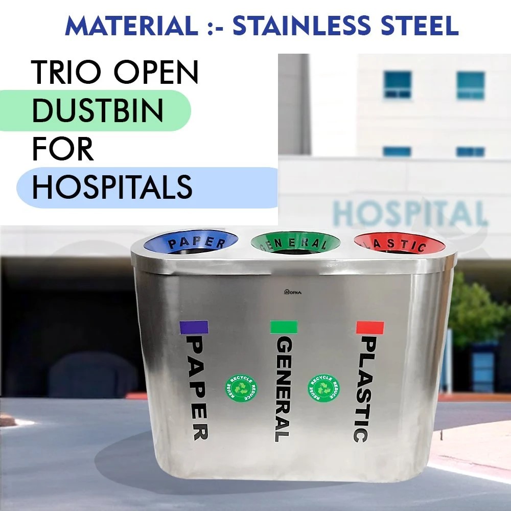 Mofna Stainless Steel Trio Airport Dustbin / Recycle Bin, 180 Liter