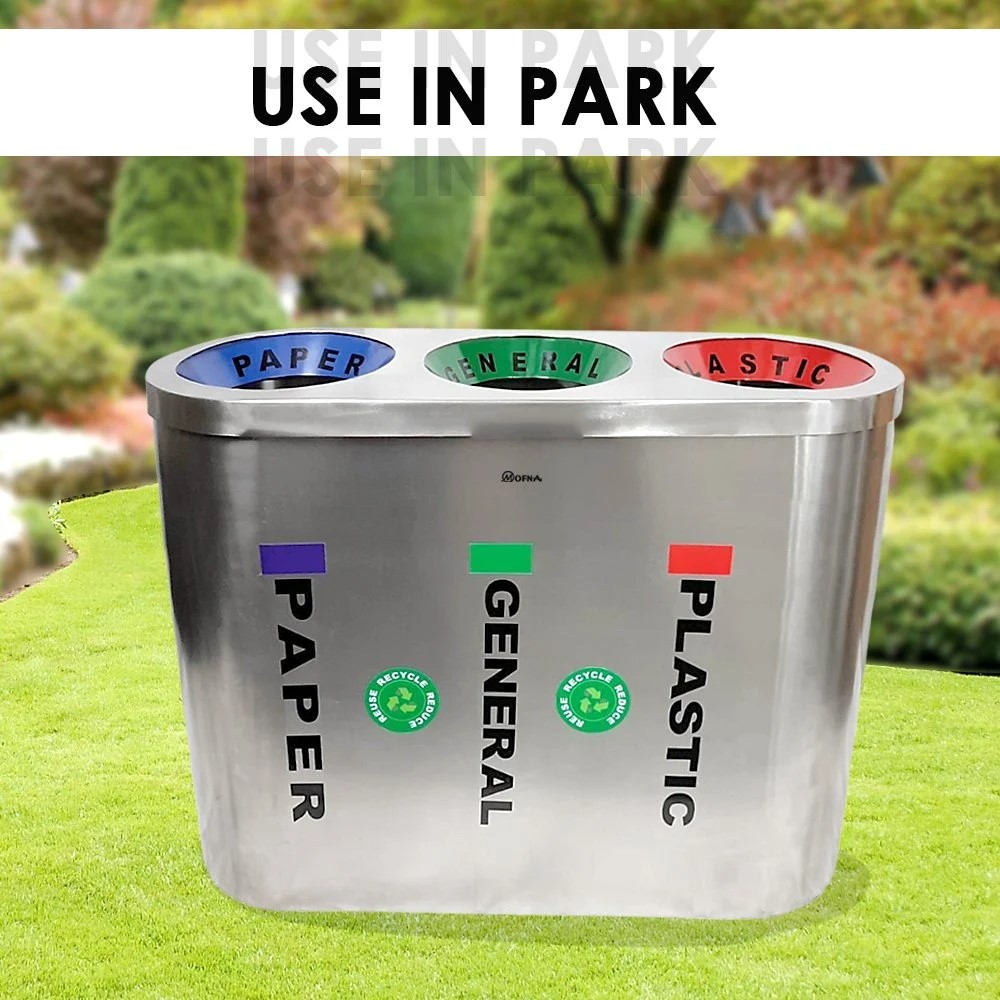 Mofna Stainless Steel Trio Airport Dustbin / Recycle Bin, 180 Liter