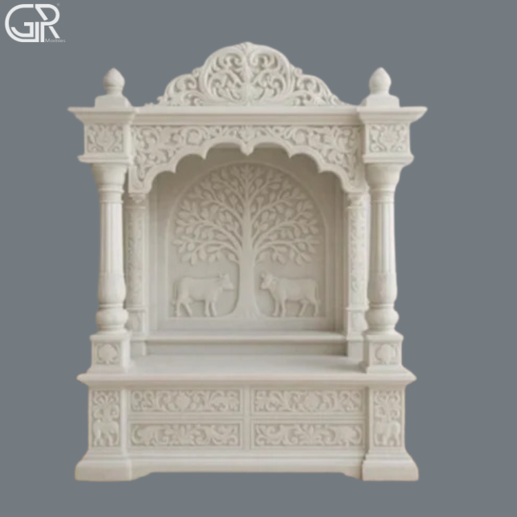 White Makrana Marble Carved Mandir, (Ht-5.5ft)