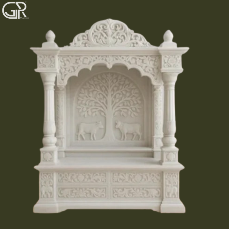 White Makrana Marble Carved Mandir, (Ht-5.5ft)