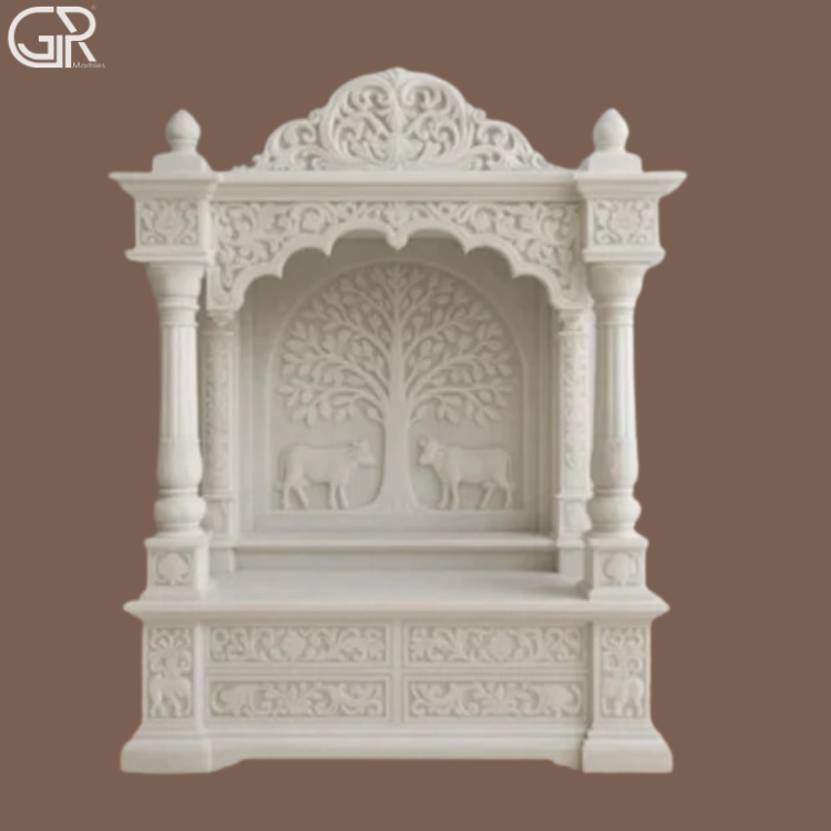 White Makrana Marble Carved Mandir, (Ht-5.5ft)