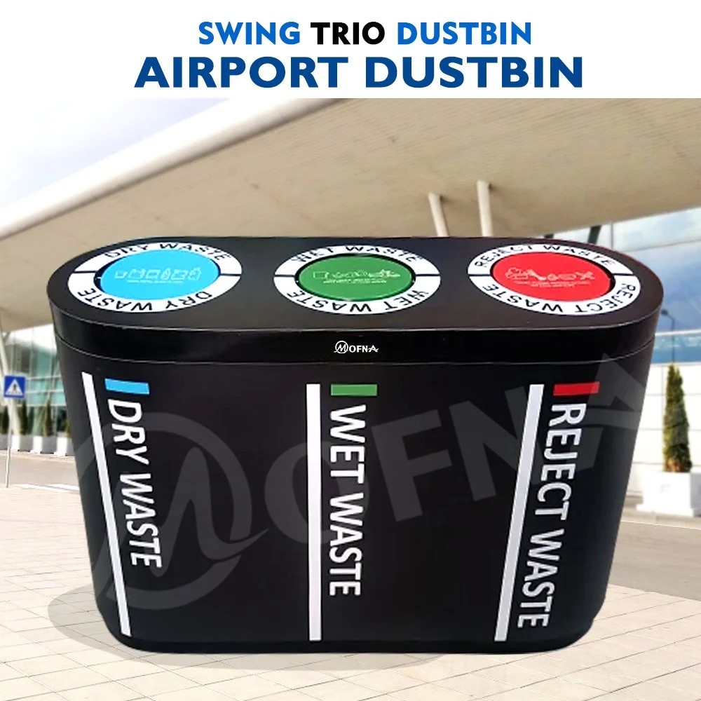 Mofna Stainless Steel Trio Swing Airport Dustbin. 180 Liter