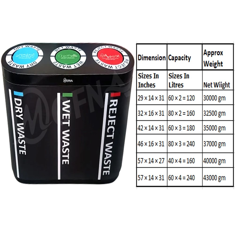 Mofna Stainless Steel Trio Swing Airport Dustbin. 180 Liter