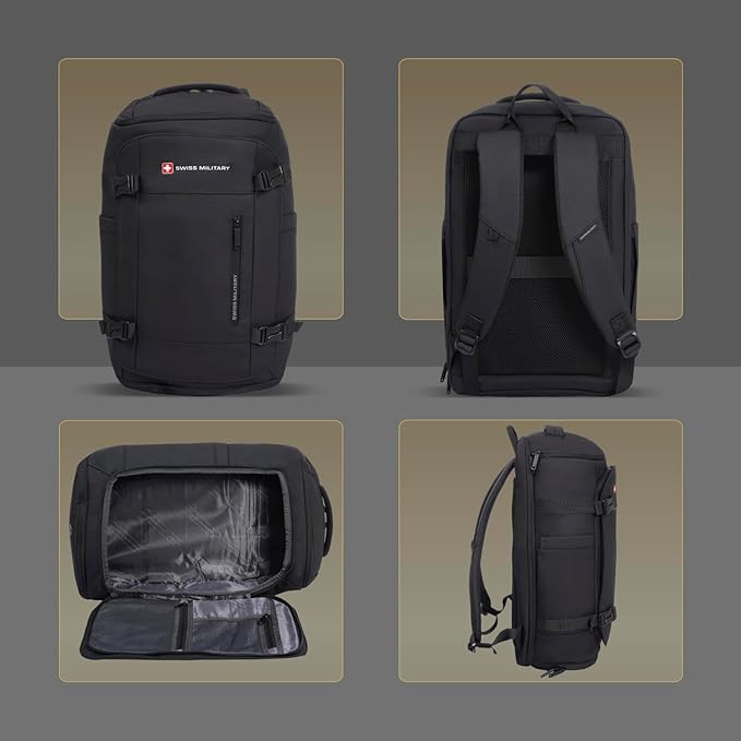 Swiss Military Black Gold Collection Aster Laptop Backpack, Travel Trekking Bag with Trolley Strap, Water Resistant, Multiple Compartments, Front Zip Pocket, Laptop Sleeve, Outdoor & Office Bag (29L) LBP142