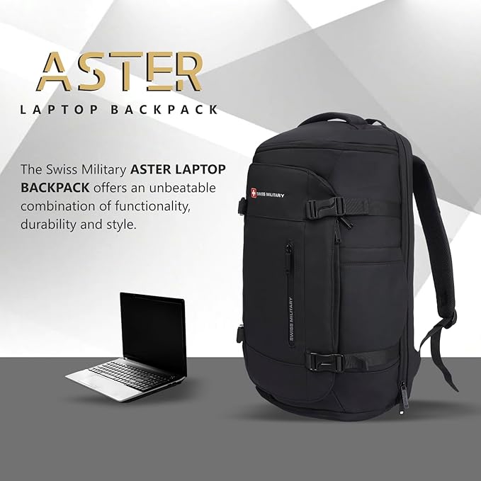Swiss Military Black Gold Collection Aster Laptop Backpack, Travel Trekking Bag with Trolley Strap, Water Resistant, Multiple Compartments, Front Zip Pocket, Laptop Sleeve, Outdoor & Office Bag (29L) LBP142