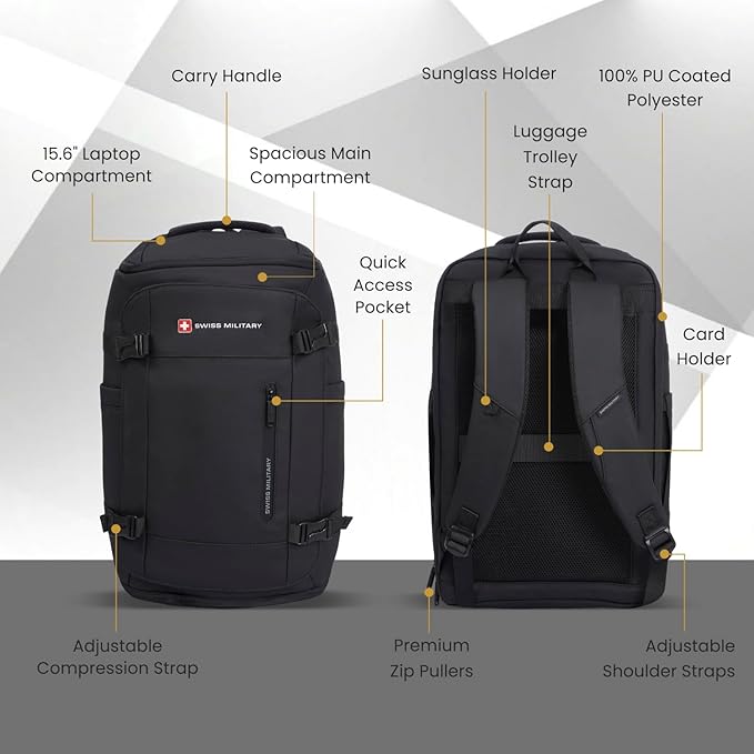 Swiss Military Black Gold Collection Aster Laptop Backpack, Travel Trekking Bag with Trolley Strap, Water Resistant, Multiple Compartments, Front Zip Pocket, Laptop Sleeve, Outdoor & Office Bag (29L) LBP142