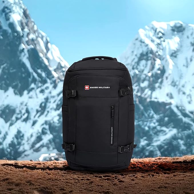 Swiss Military Black Gold Collection Aster Laptop Backpack, Travel Trekking Bag with Trolley Strap, Water Resistant, Multiple Compartments, Front Zip Pocket, Laptop Sleeve, Outdoor & Office Bag (29L) LBP142