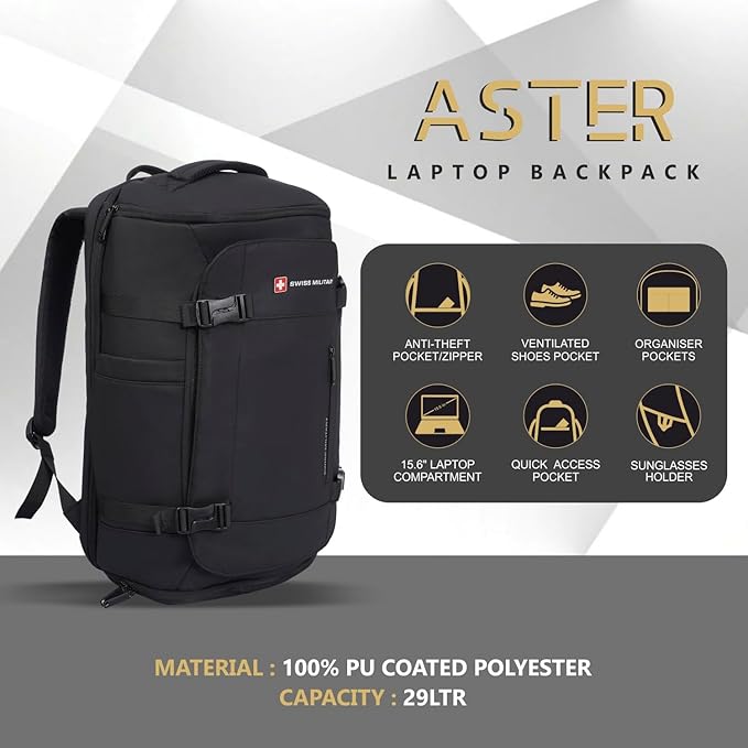 Swiss Military Black Gold Collection Aster Laptop Backpack, Travel Trekking Bag with Trolley Strap, Water Resistant, Multiple Compartments, Front Zip Pocket, Laptop Sleeve, Outdoor & Office Bag (29L) LBP142