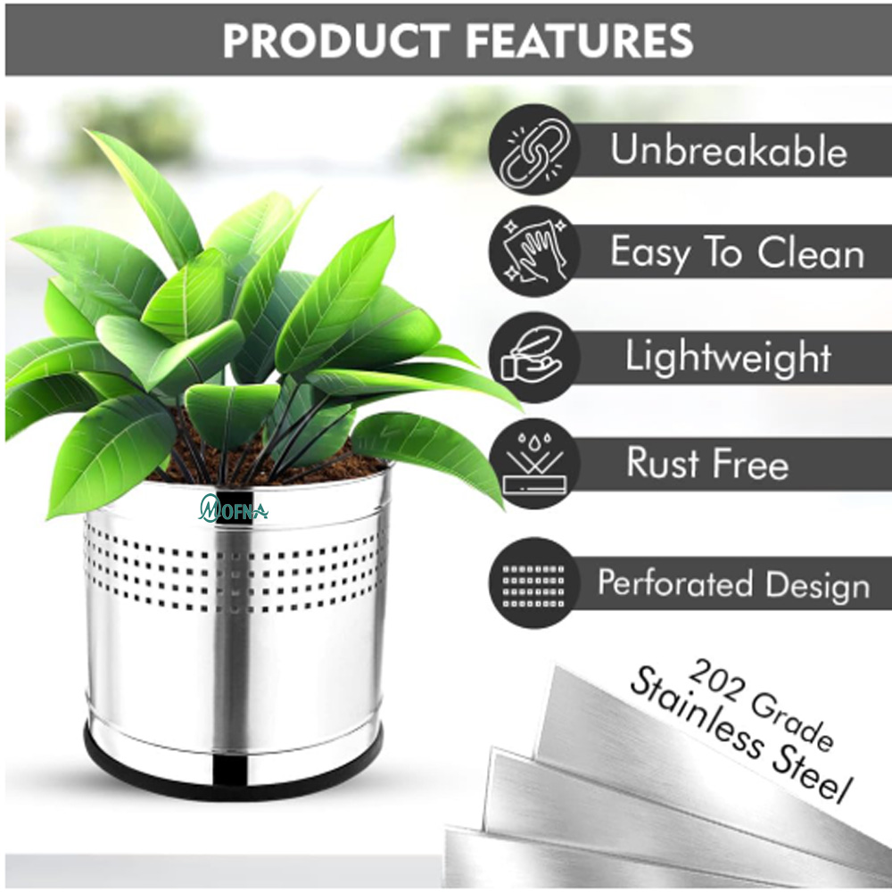 Mofna Stainless Steel Silver Perforated Planter Pot, (8x8)