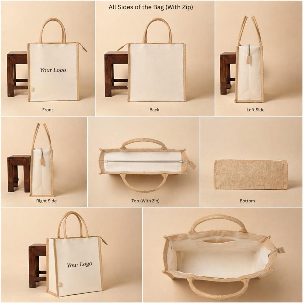Kori Eco Max Natural Jute Tote With Zip Large Utility Bag 14" X 18" X 6"