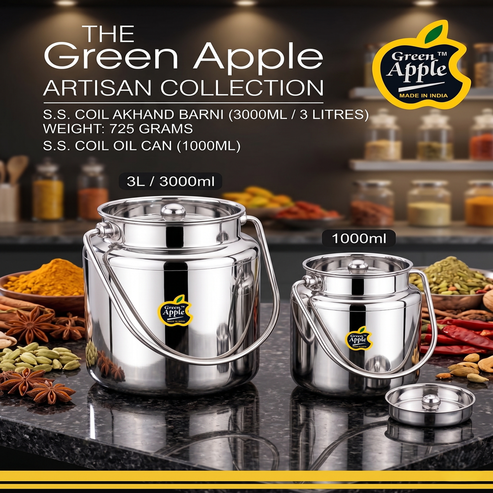 Premium 3 Litre Stainless Steel Akhand Barni / Milk Dochi | 3000ML Oil Can by Green Apple