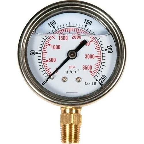 Analog Pressure Gauge - Polished Stainless Steel, Measures Water Pressure For Industrial Use