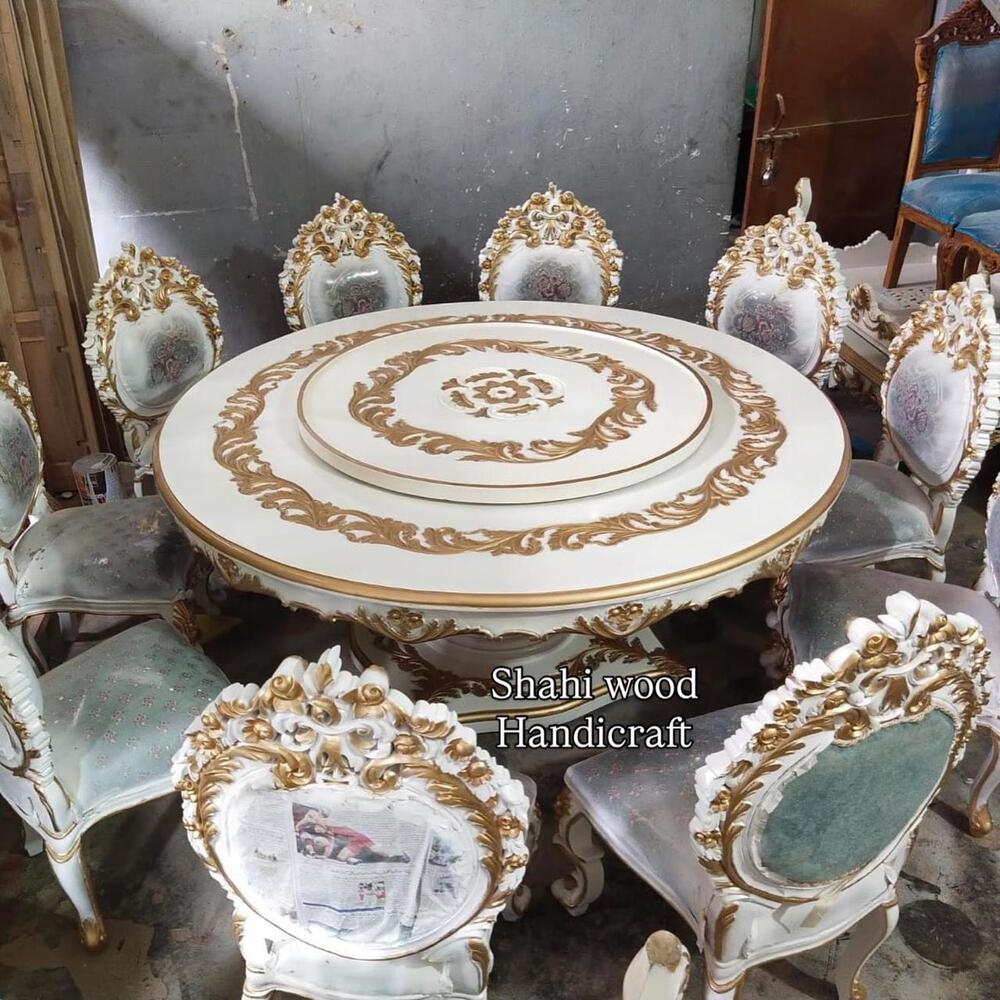 White And Gold Shahi Wood Handicraft Turkish Style Dining Set - Dimensions: Table: Approx. 6 Ft (L) X 3.5 Ft (W) X 2.5 Ft (H); Chairs: Standard Size