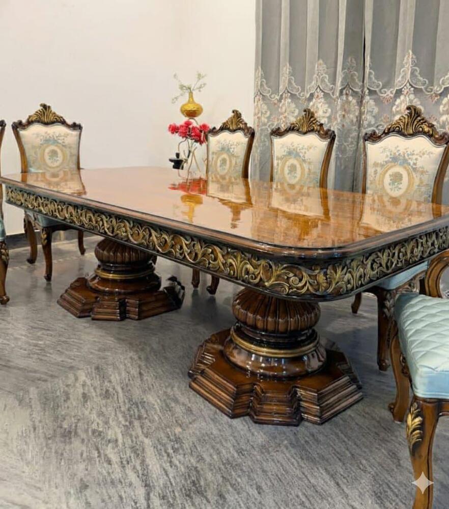 Rococo Inspired Teak Wood Dining Table Set