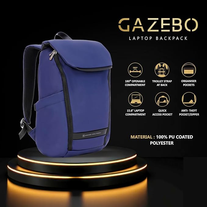 SWISS MILITARY GAZEBO Laptop Backpack   Black & Gold Collection Gazebo Laptop Backpack, PU Coated  LBP133