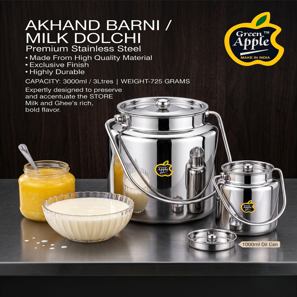 Premium 3 Litre Stainless Steel Akhand Barni / Milk Dochi | 3000ML Oil Can by Green Apple