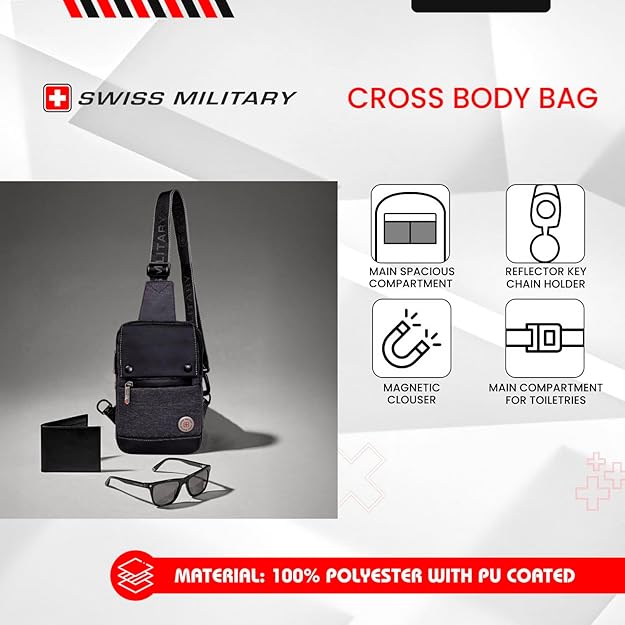 SWISS MILITARY AQUATIC Black Gold Collection Aquatic Crossbody Sling Bag with Adjustable Shoulder Strap, PU Coated Polyester, Quick Access Pockets with Magnetic Closure, Travel & Casual Use 3L