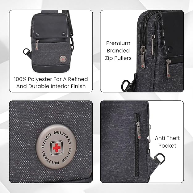 SWISS MILITARY AQUATIC Black Gold Collection Aquatic Crossbody Sling Bag with Adjustable Shoulder Strap, PU Coated Polyester, Quick Access Pockets with Magnetic Closure, Travel & Casual Use 3L