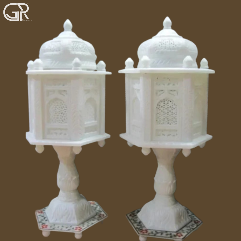 Beautiful Jali Lamp Fully Polished White Makrana Marble