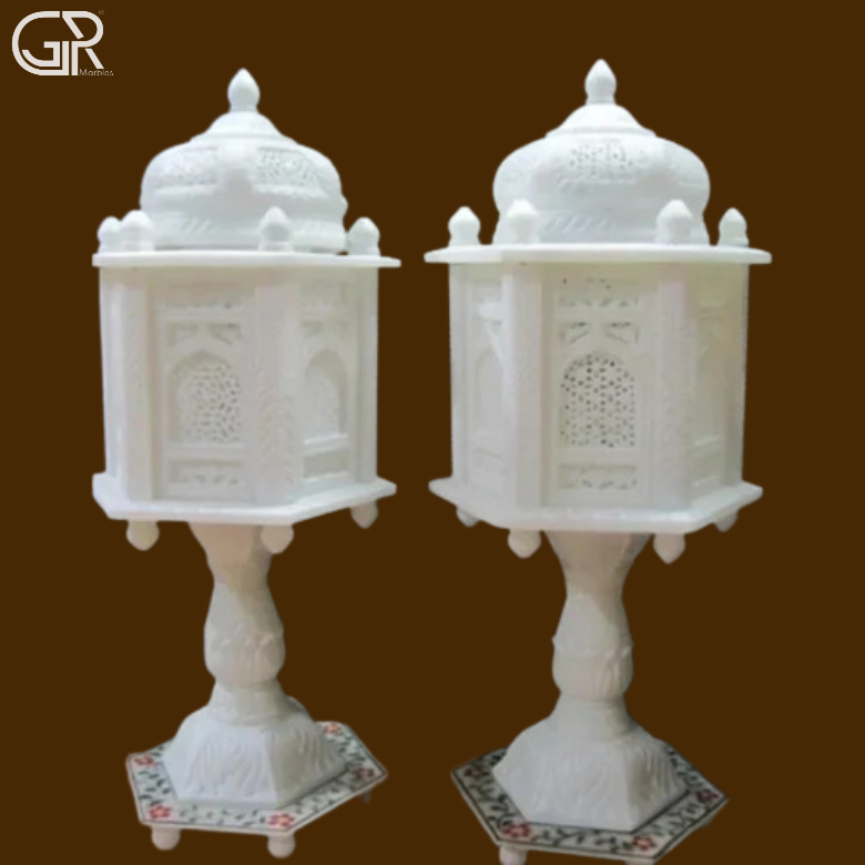 Beautiful Jali Lamp Fully Polished White Makrana Marble