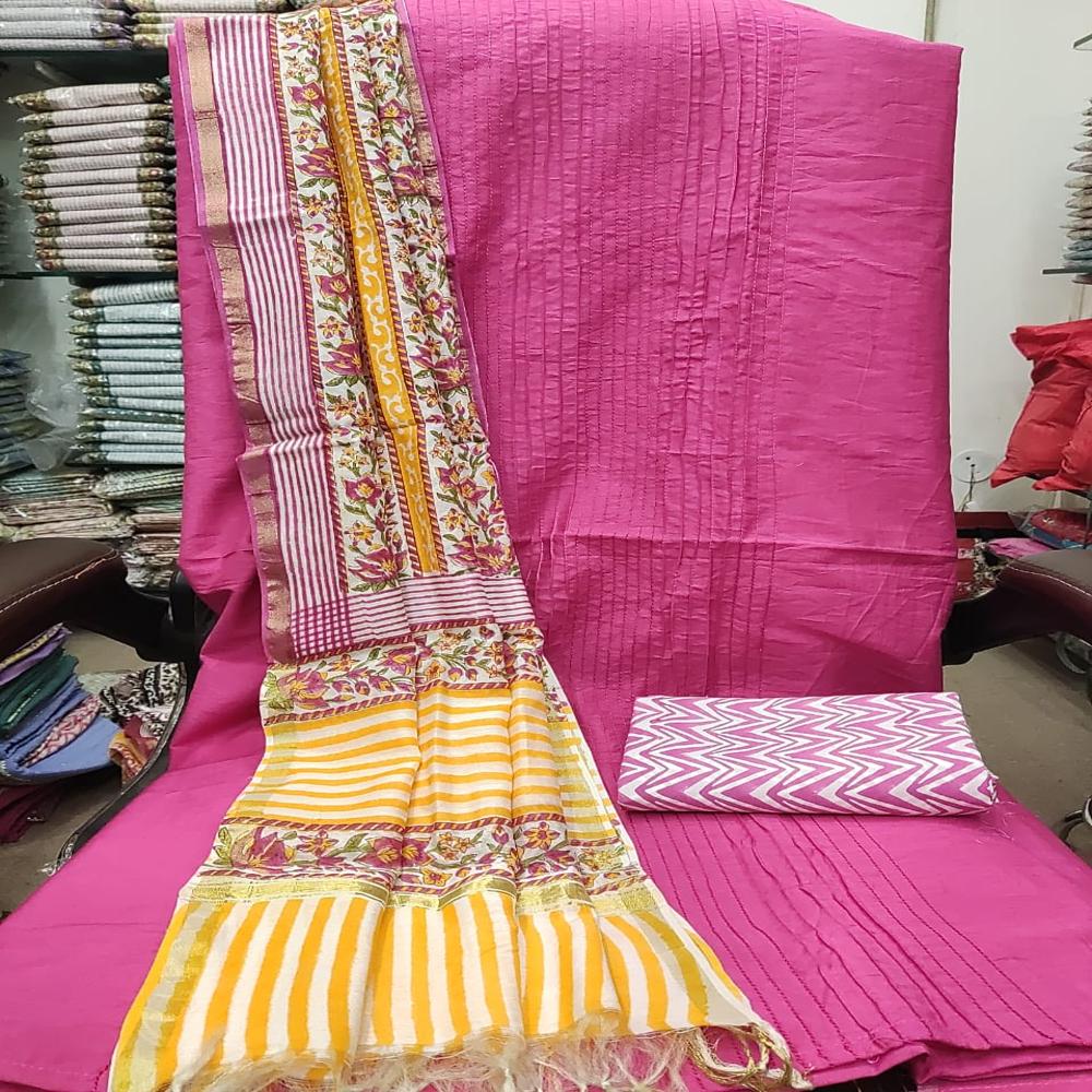 Cotton Silk with Pure Chanderi Dupatta with Block Printed Cotton 60*60 Bottom