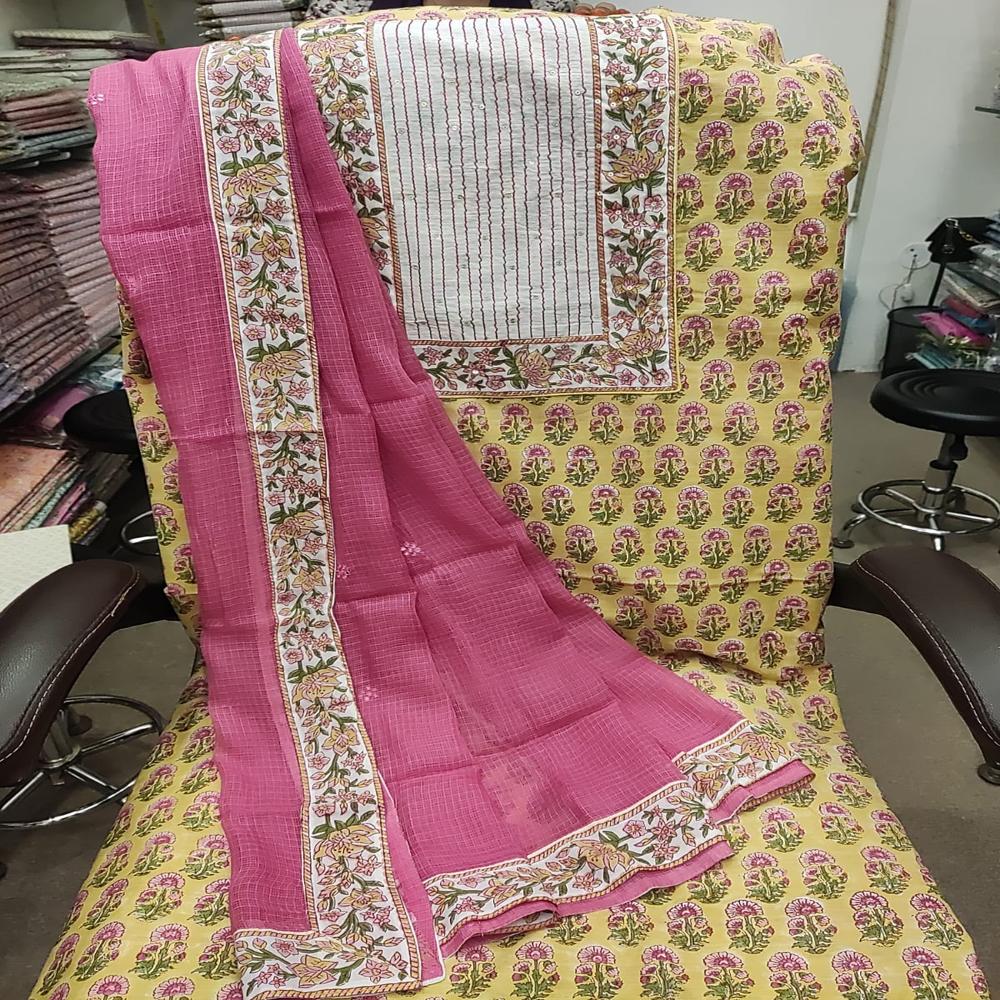 Cotton Silk Suit Set With Pure Kota Doriya Dupatta, Hand Block Printed Cotton Bottom - Breathable, Lightweight, Unstitched
