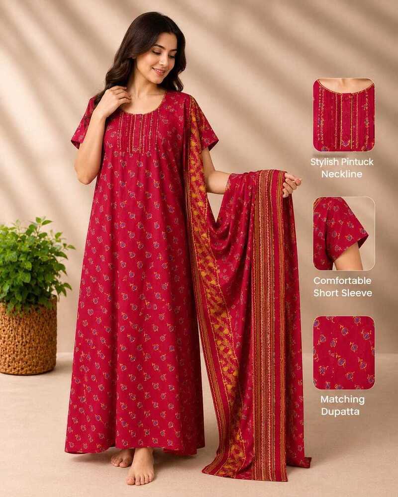 Stylish Pintuck Neckline Nighty With Dupatta
