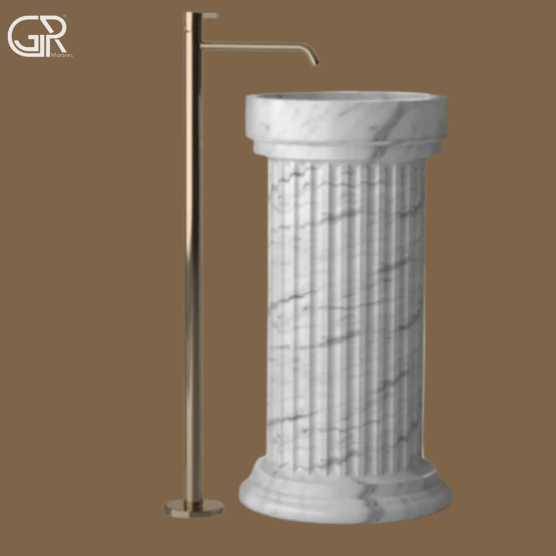 white Marble Damru Shape Pedestal Wash Basin