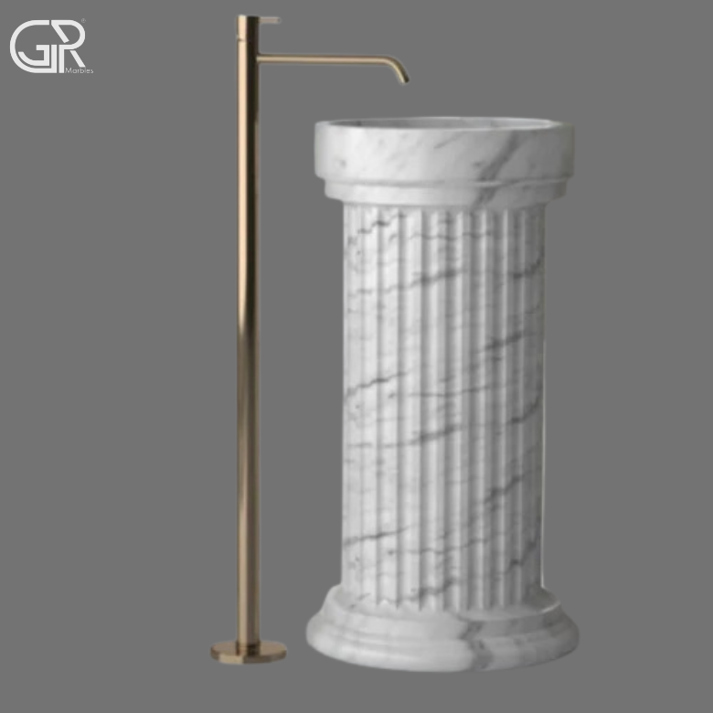 white Marble Damru Shape Pedestal Wash Basin