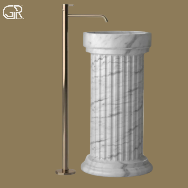 white Marble Damru Shape Pedestal Wash Basin