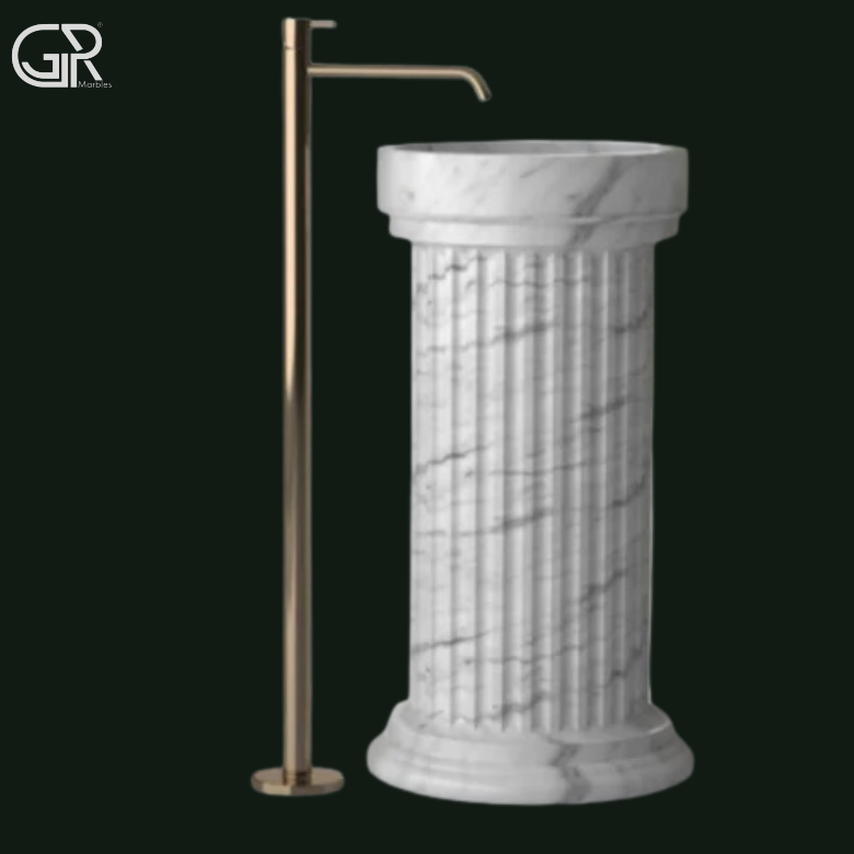 white Marble Damru Shape Pedestal Wash Basin