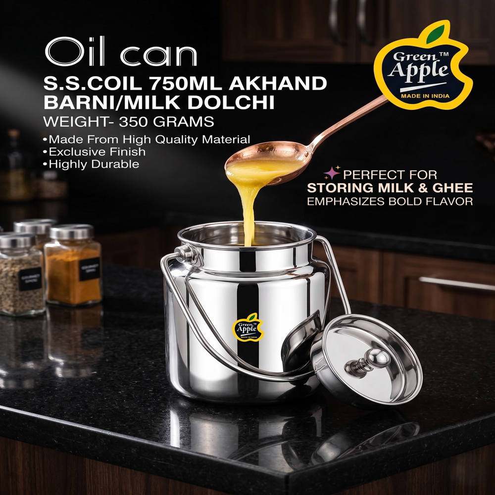Premium 750ML Stainless Steel Akhand Barni / Milk Dochi | Oil Can by Green Apple | Wholesale
