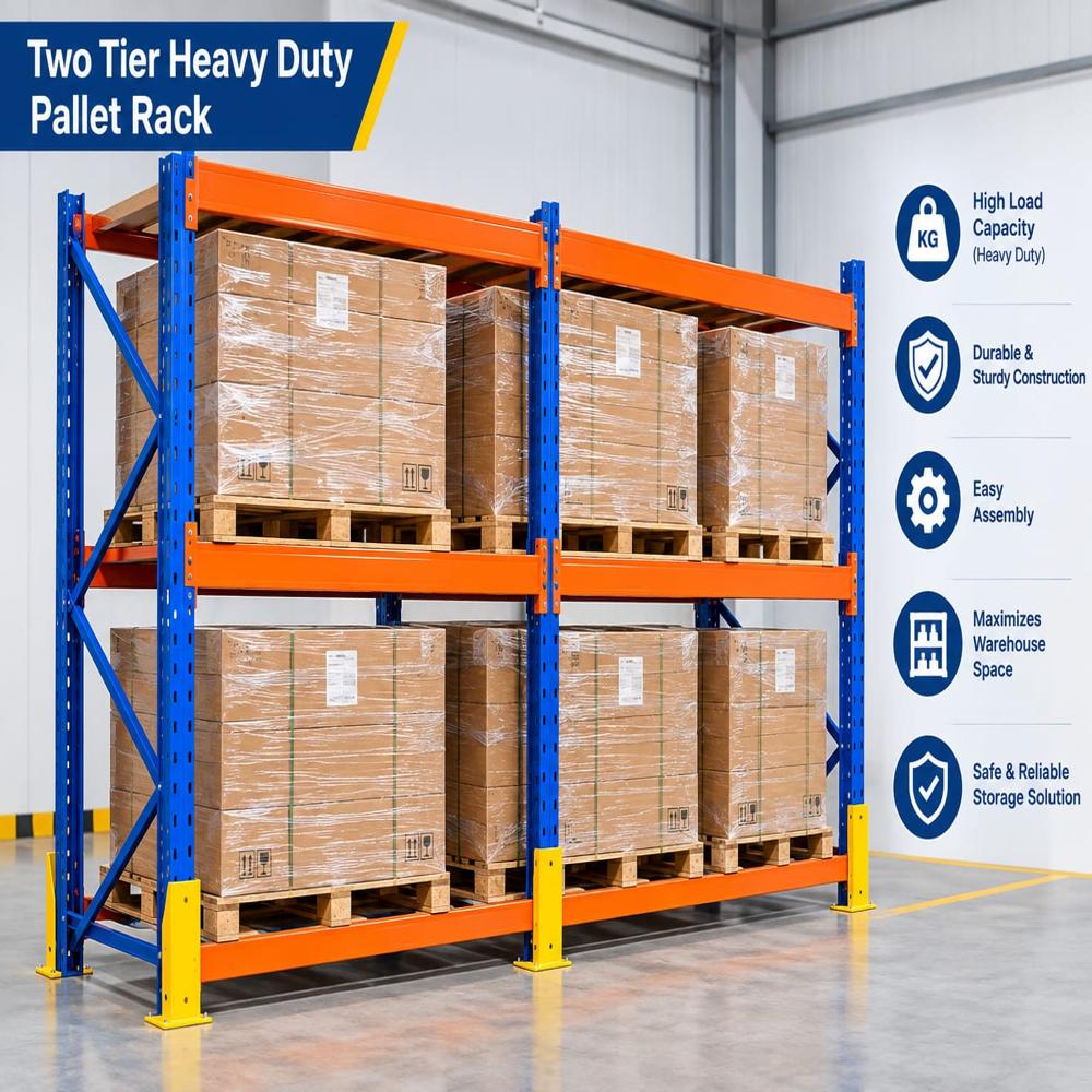 Two Tier Heavy Duty Pallet Rack - Mild Steel, 5-12m Height, Blue & Orange | Corrosion Resistant, Adjustable Shelves, 5000kg Load